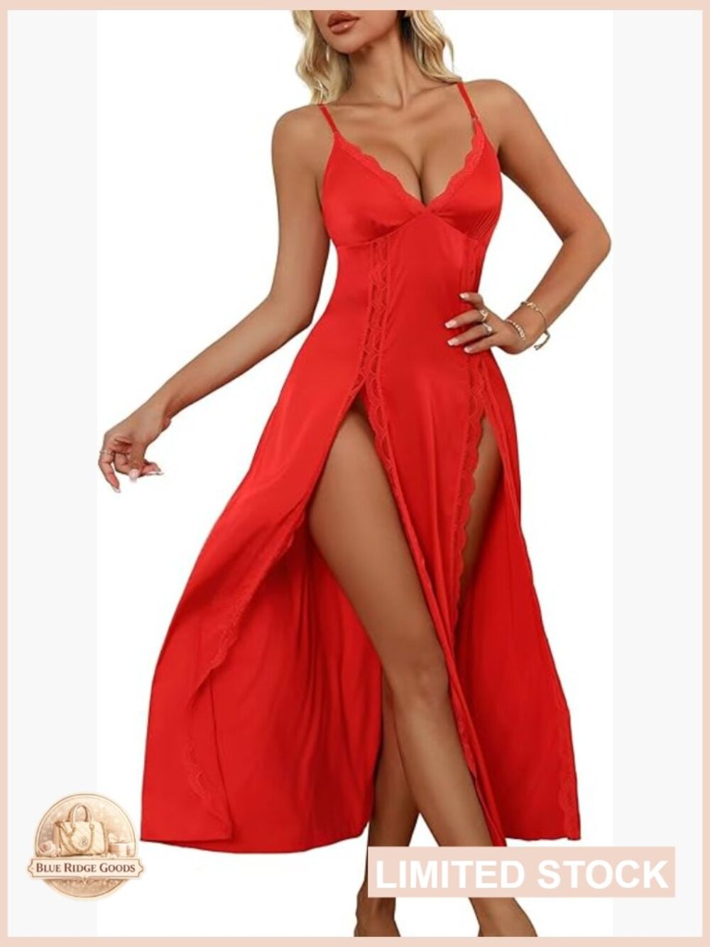 Satin Nightgown Babydoll Chemise Spaghetti Strap Lace Trim Sleepwear with High